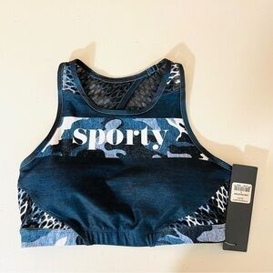 NWT WITH Women High Neck Bra Sporty Camo Size Small Blue/Black